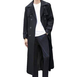 Men's Black Trench Coat Oversized Casual Windbreaker Lapel Long Overcoat